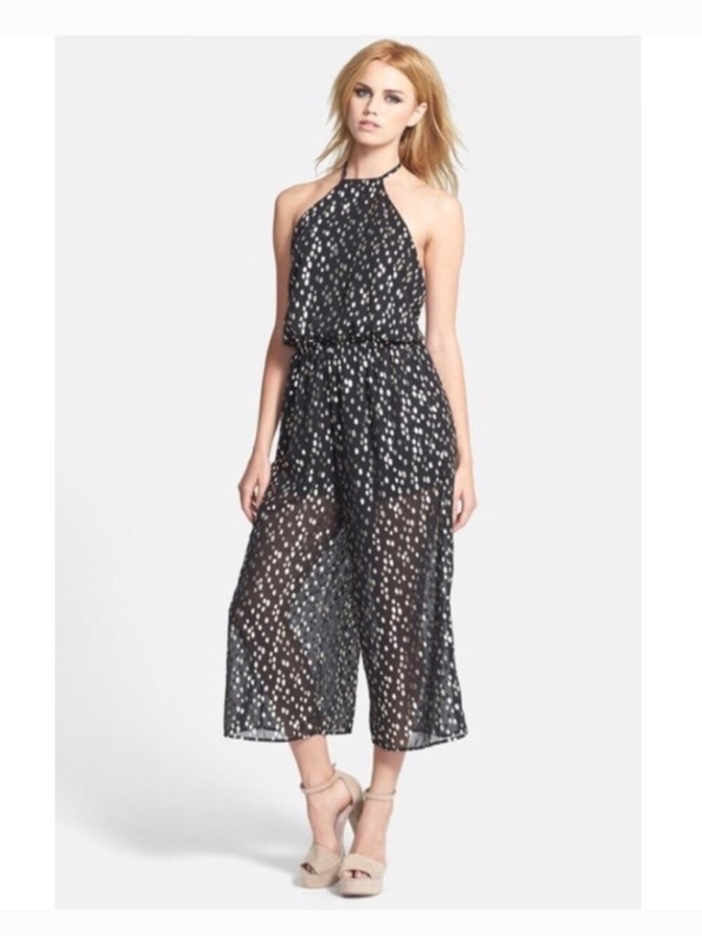 June & Hudson Flowy Black Gold Polka Dot Backless Halter Midi Jumpsuit - S/M